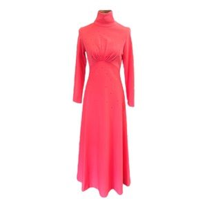 1970's Bias Cut Coral/Pink Rhinestone Studded Evening Gown